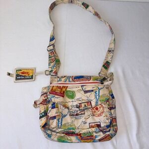 Fossil Vintage Travel Stamp Map Print Canvas Crossbody Bag Multicolor